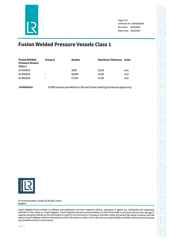 LR船級(jí)社認(rèn)可證書